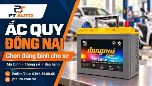 Ắc quy Đồng Nai CMF 50B24L với nhận diện thương hiệu PT AUTO.