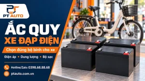 Ảnh minh họa bộ bình ắc quy và xe đạp điện trong bài tư vấn của PT AUTO.