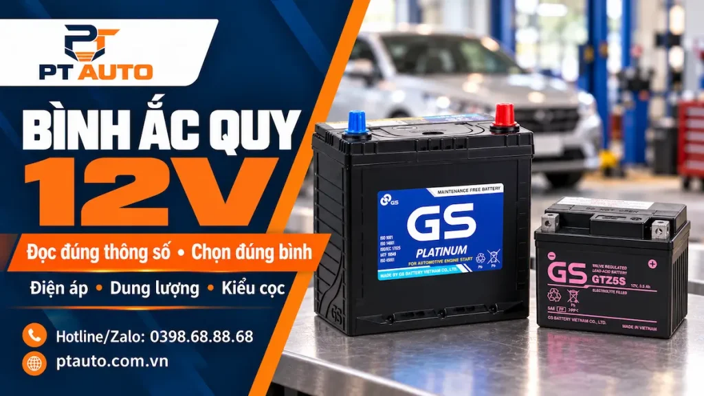 Bình ắc quy 12V cho ô tô và xe máy với nhận diện thương hiệu PT AUTO.