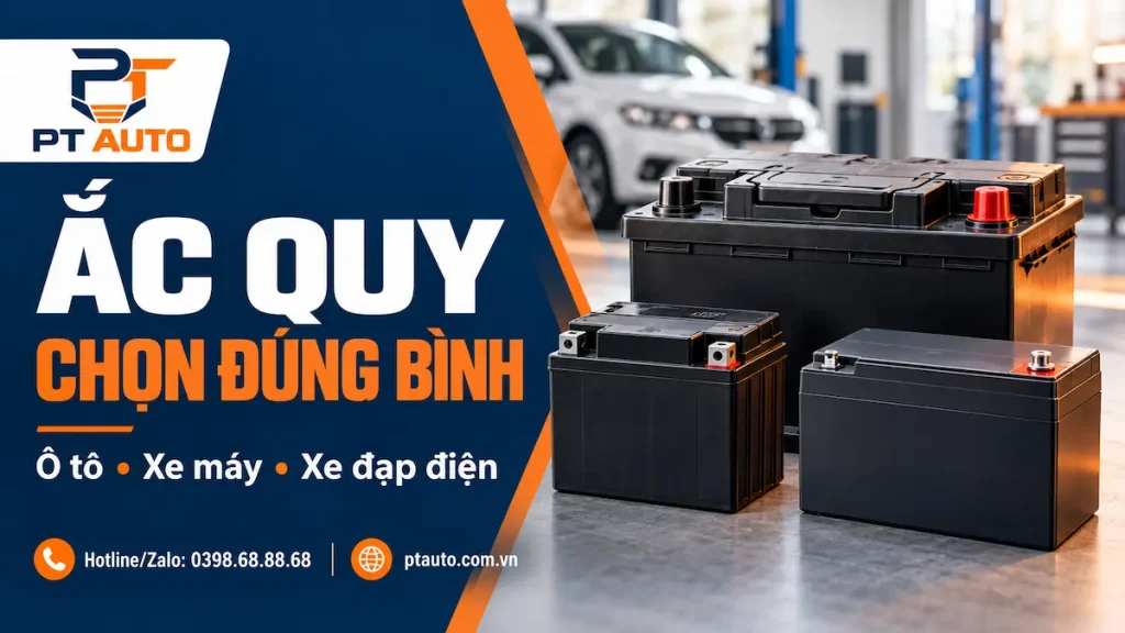 - Ảnh minh họa các loại ắc quy ô tô, xe máy và xe đạp điện trong bài tư vấn của PT AUTO.