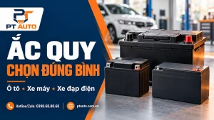 - Ảnh minh họa các loại ắc quy ô tô, xe máy và xe đạp điện trong bài tư vấn của PT AUTO.